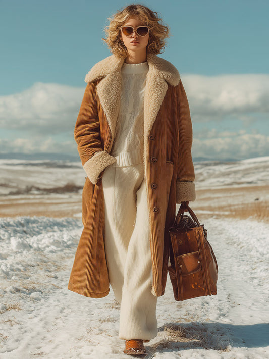 Fashion Retro Camel Corduroy Composite Polar Fleece Coat