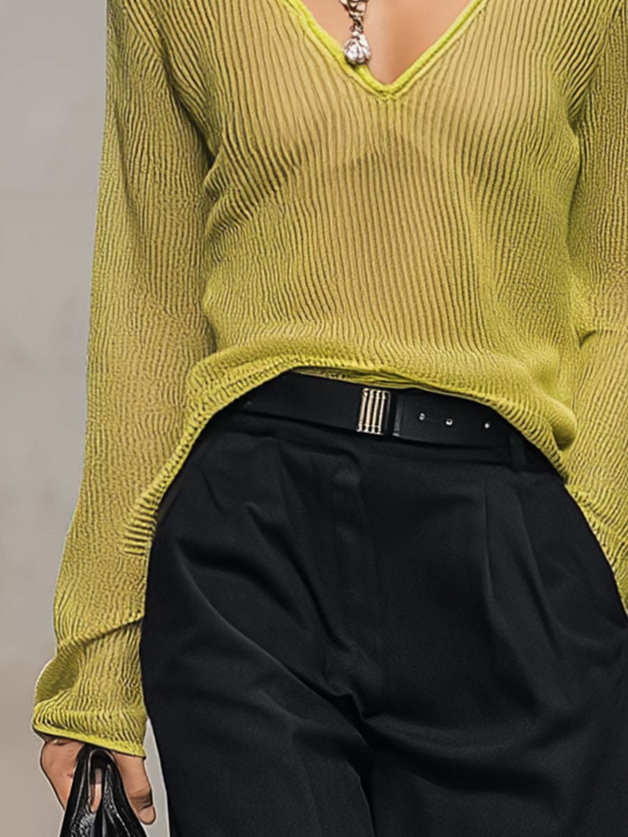 Exquisite Casual Breathable V-neck Long-sleeved Lemon Green Knitted Blouse Top