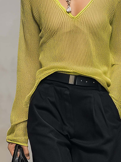 Exquisite Casual Breathable V-neck Long-sleeved Lemon Green Knitted Blouse Top