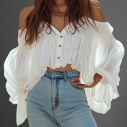 Everyday Button Off-Shoulder Lantern Sleeve Loose Blouse