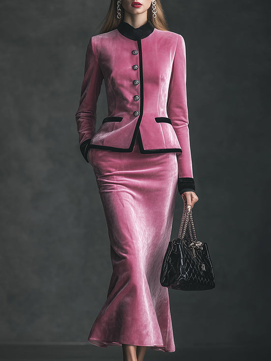 Elegant And Gentle Pink Hemmed Stand-up Collar Jacket And Fishtail Skirt Set