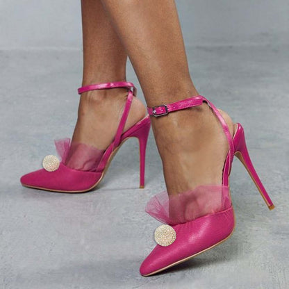 Fuchsia Pointed Toe Stiletto Heel Ankle Strap Slingback Pumps