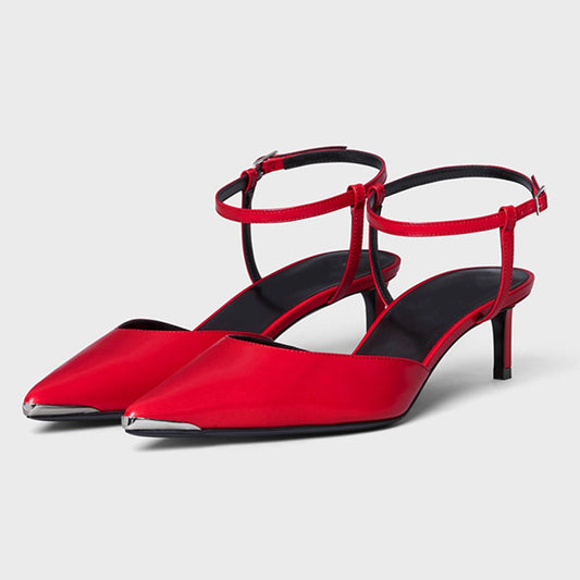 Elegant Pointed Toe Kitten Heel Ankle Strap Pumps Shoes in Red