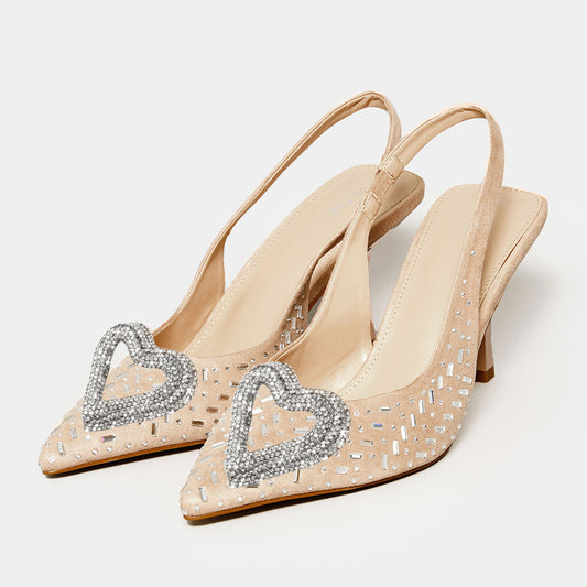 Beige Pointed Toe Kitten Heel Rhinestone Slingback Pumps