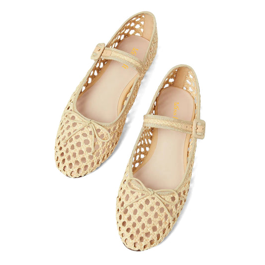 Beige Cut Out Round Toe Buckled Strappy Flat Mary Jane Shoes with Bow