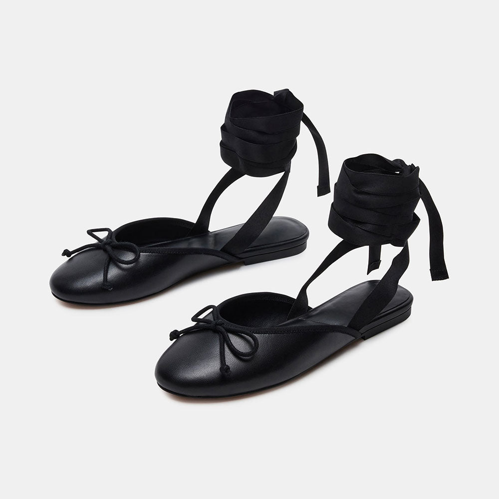 Elegant Black Round Toe Bow Wrap Strappy Flat Shoes for Women
