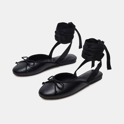 Elegant Black Round Toe Bow Wrap Strappy Flat Shoes for Women