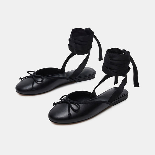Elegant Black Round Toe Bow Wrap Strappy Flat Shoes for Women