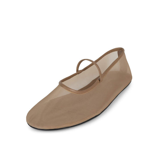 Beige Mesh Round Toe Flat Mary Jane Ballet Shoes
