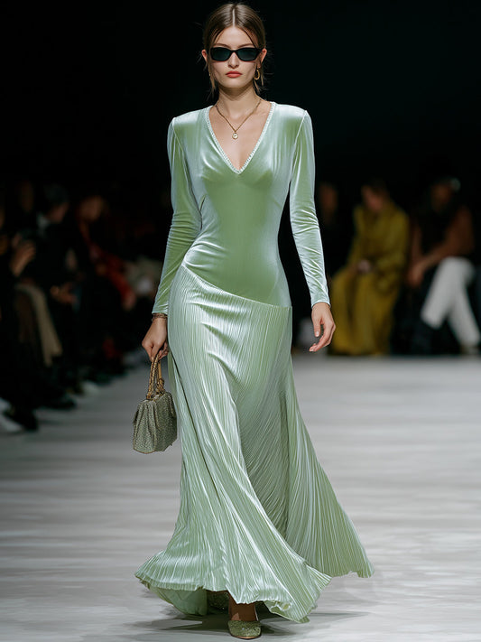 Elegant And Fashionable Light Green Velvet Splicing Maxi Dress