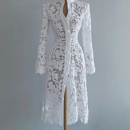 Ursime Lace Stand Collar Button Long Sleeve Coat Midi Dress
