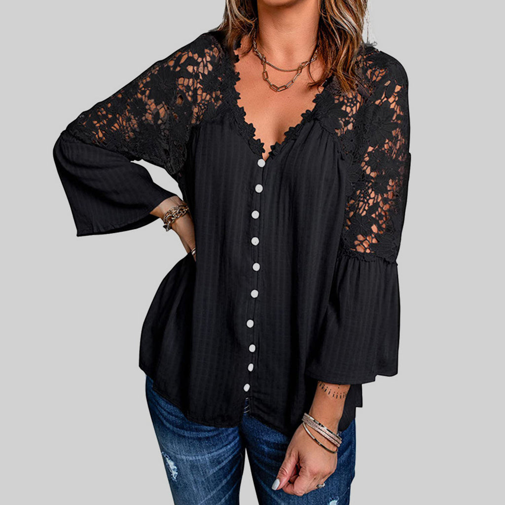 Everyday Hollow Guipure Lace Flare Sleeve V Neck Button Blouse