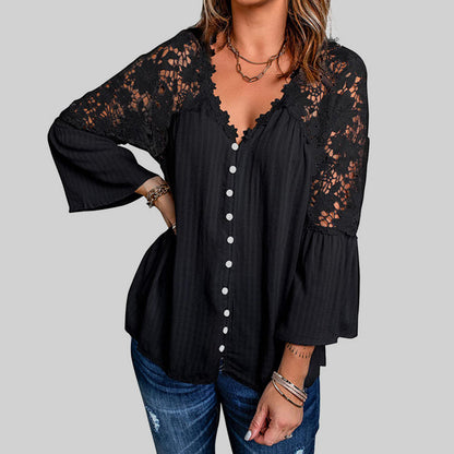 Everyday Hollow Guipure Lace Flare Sleeve V Neck Button Blouse