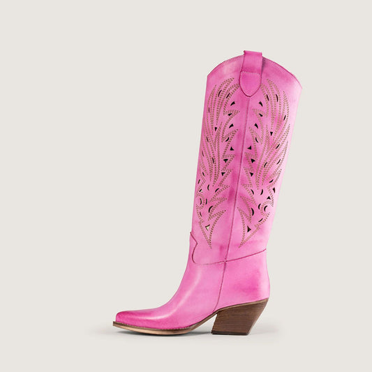 Embroidered Snip Toe Block Heel Cute Fuchsia Knee-High Cowgirl Boots