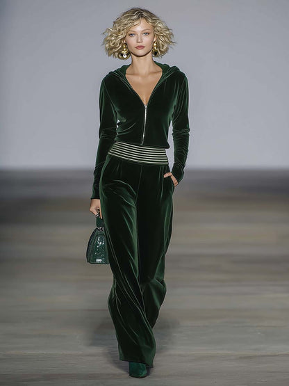 Elegant Retro Sporty Dark Green Velvet Hooded Front Zip Top And Pants Set