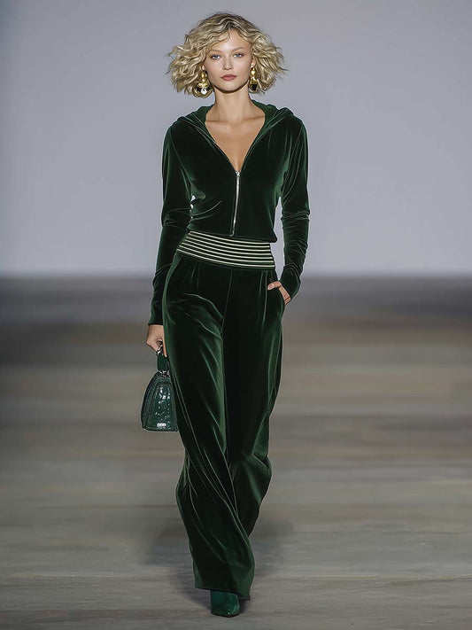 Elegant Retro Sporty Dark Green Velvet Hooded Front Zip Top And Pants Set