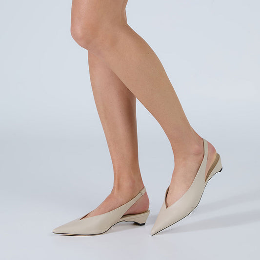 Beige Vegan Leather Pointed Toe Kitten Heel Slingback Pumps Shoes