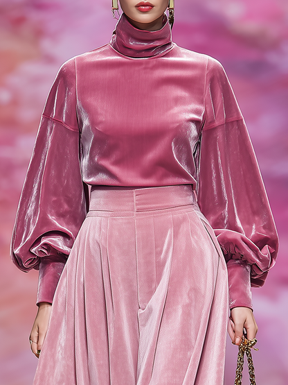 Elegant Velvet Stand-up Collar Long-sleeved T-shirt And Skirt Set