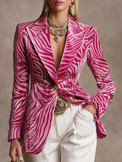 Elegant Lapel Single-breasted Zebra-print Velvet Blazer