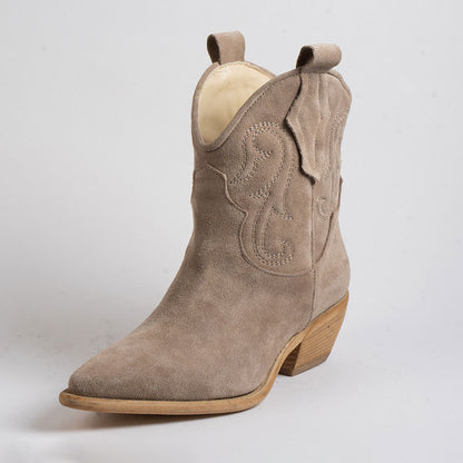 Embroidered Snip Toe Low Heel Taupe Ankle Cowgirl Booties for Women