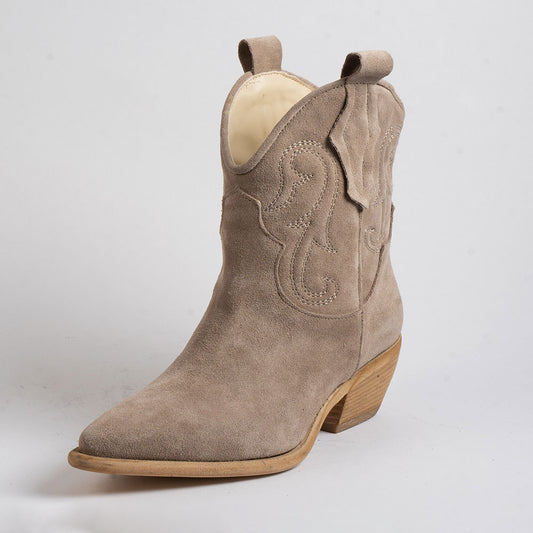 Embroidered Snip Toe Low Heel Taupe Ankle Cowgirl Booties for Women