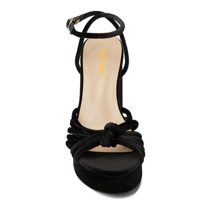 Ankle Strap Chunky High Heel Black Platform Sandals with Knot