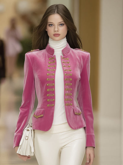 Elegant Pink Velvet Stand Collar Pocket Jacket