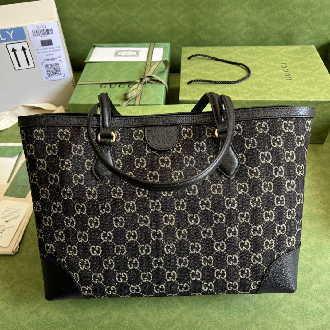 gg Ophidia Medium Tote With Web Black And Ivory gg Denim Jacquard For Women 15in/38cm 631685 UN3BG 1274