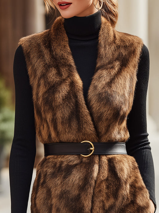Faux Fur Sleeveless Vest With Belt