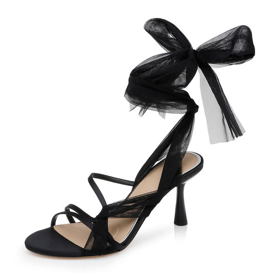 Elegant Satin Open Round Toe Chiffon Ankle-Tie Black Heels Sandals