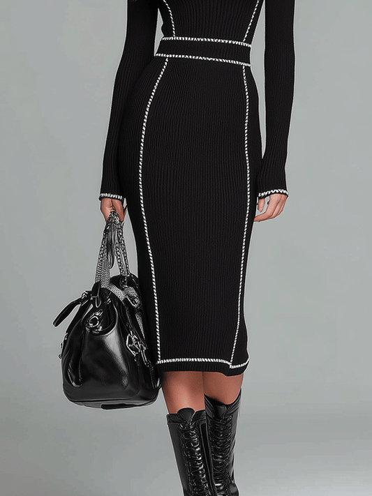 Elegant Contrast Trim Fitted Midi Dress