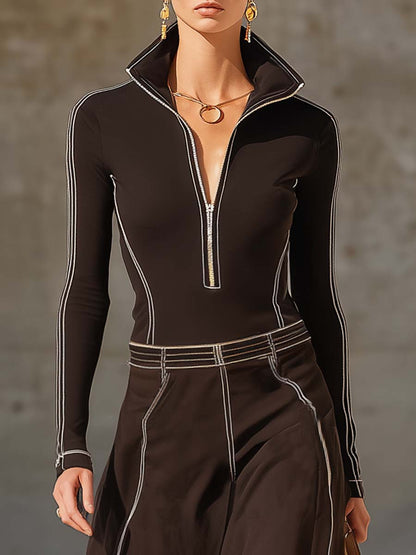Exquisite Vintage Sports Lapel Front Zipper White Piping Dark Brown Stretch Cotton Maxi Dress