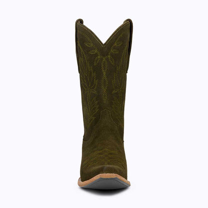 Elegant Embroidered Chunky Heel Mid-Calf Cowgirl Boots in Oliver