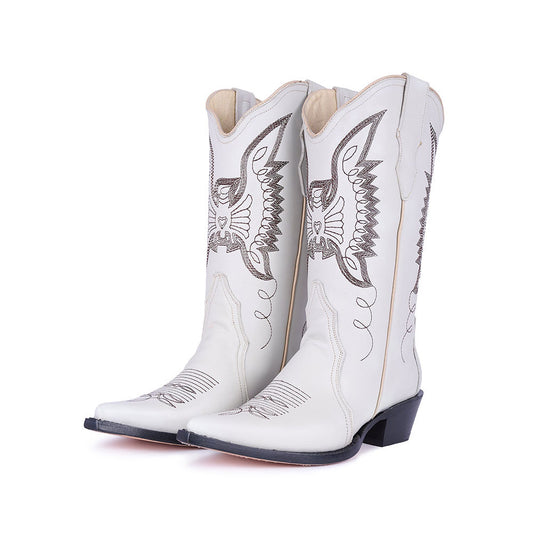 Embroidered Mid-Calf Snip Toe White Western Boots for Women
