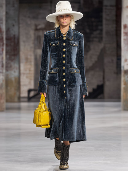 Fashion Retro Gold-Trimmed Shiny Navy Blue Velvet Long Coat