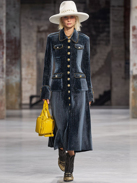 Fashion Retro Gold-Trimmed Shiny Navy Blue Velvet Long Coat