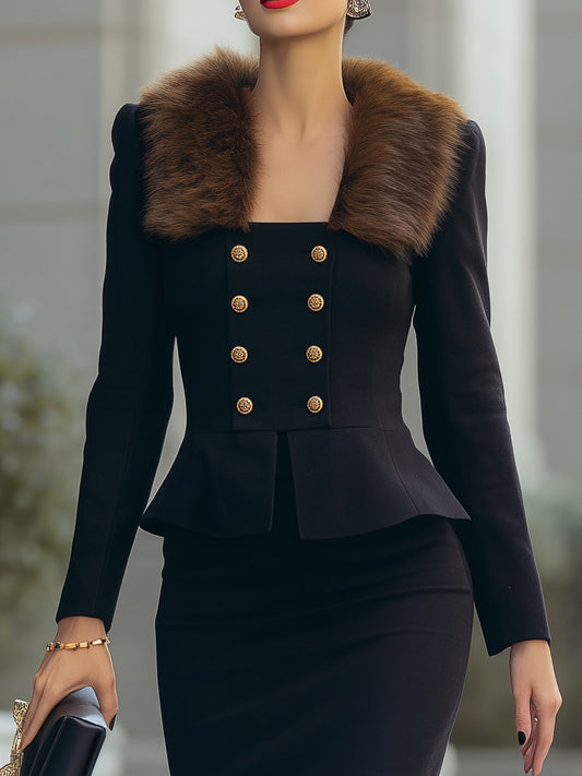 Elegant Black Peplum Suit Set With Faux Fur Collar