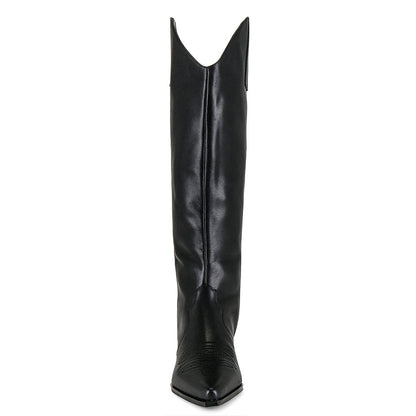 Faux Leather Embroidered Pointed Toe Mid-Calf Black Cowgirl Boots