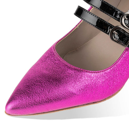 Fuchsia Metallic Leather Pointed Toe Pumps Heels with Two Buckle Strap