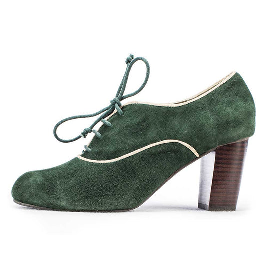 Dark Green Faux Suede Round Toe Chunky Heel Lace-Up Oxford Shoes