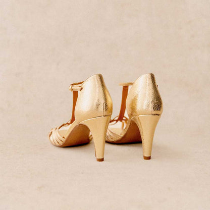 Fashion Gold Metallic Peep Toe T-Strap Women's Sandals with Cone Heel
