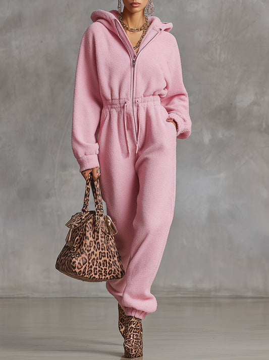 Fashion Retro Pink Polar Fleece Elastic Waist Hooded Jumpsuit