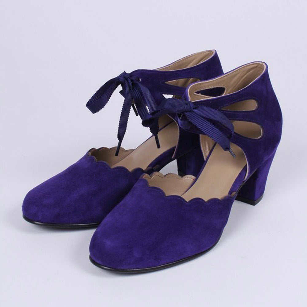 Faux Suede Block Heel Ankle Strap Lace-Up Purple Pumps for Women