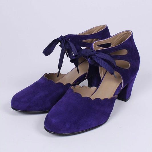 Faux Suede Block Heel Ankle Strap Lace-Up Purple Pumps for Women