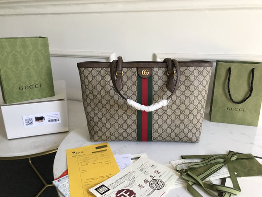 gg Ophidia gg Medium Tote Bag Beige/Ebony gg Supreme Canvas And Brown For Women 15in/38cm 631685 96IWB 8745