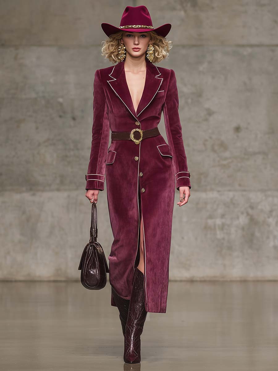 Exquisite Vintage Western Notch Lapel White Trim Front Button Raspberry Red Velvet Coat