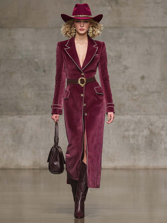 Exquisite Vintage Western Notch Lapel White Trim Front Button Raspberry Red Velvet Coat