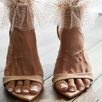 Beige Pointed Toe 3'' Stiletto Heel Mesh Flared Ankle Strap Sandals