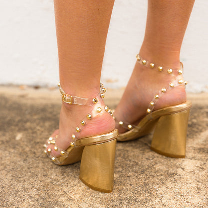 Gold & Clear PVC Open Toe 3'' Chunky Heel Studded Strappy Sandals