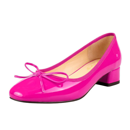 Fuchsia Patent Leather Round Toe Block Heel Pumps Shoes with Bow Decor
